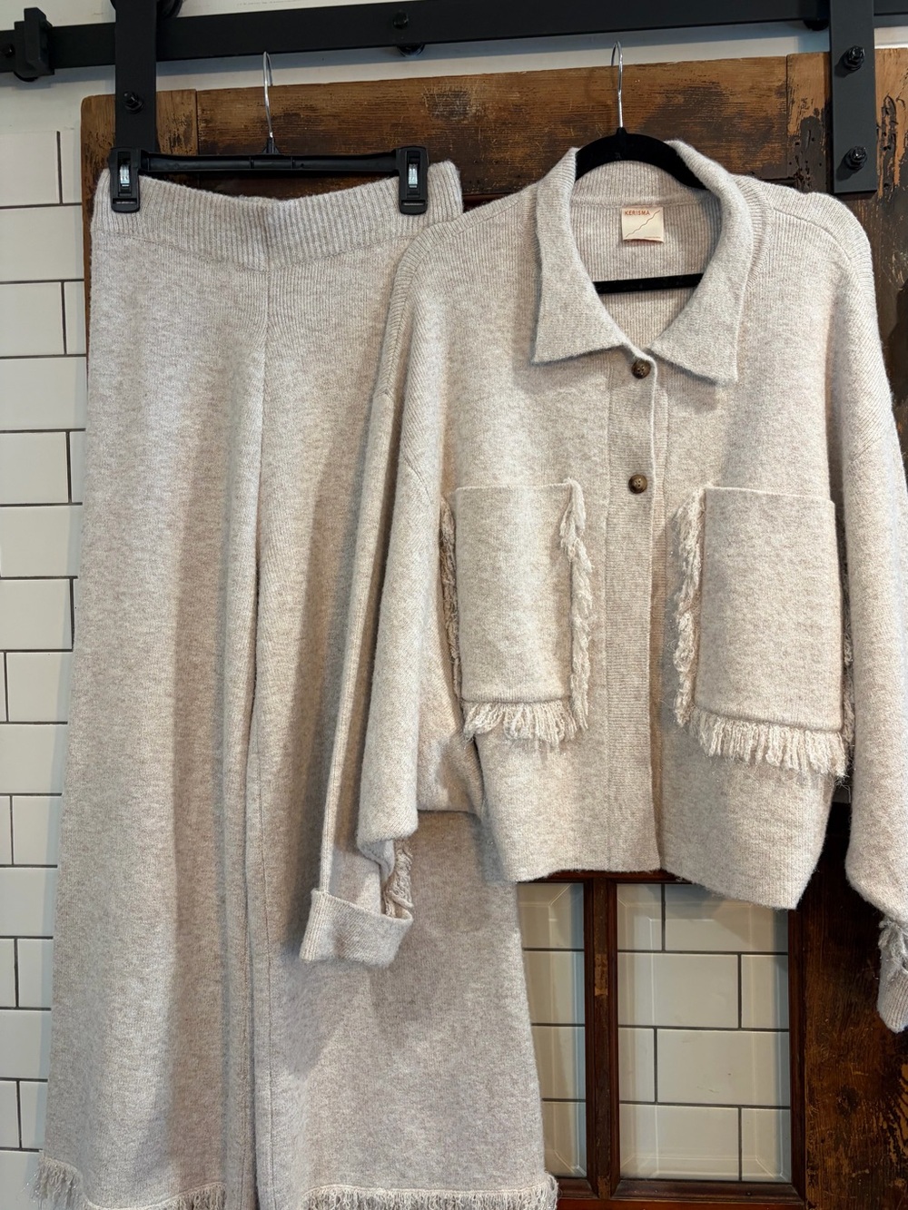 Beige tassel-trim crop cardigan and wide-leg sweater pant set from Eurmuse. S/M